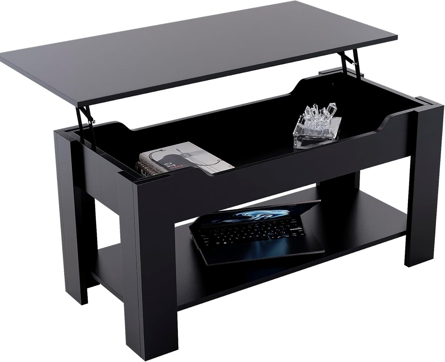 Lift Up Coffee Table with Hidden Storage & Shelf – Modern Black, 100x48cm