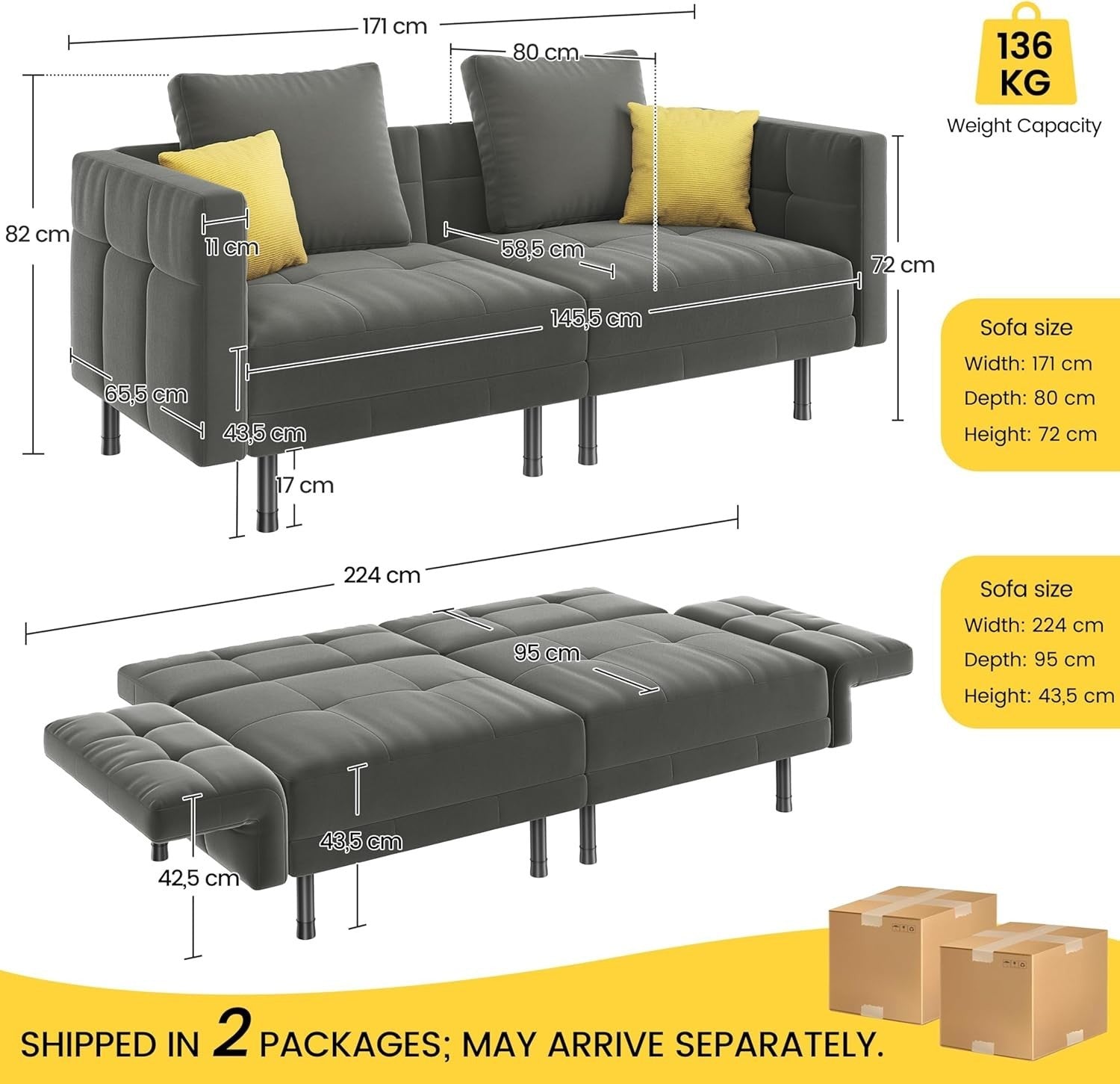 Luxury Grey Velvet Sofa Bed 2 Seater Futon Couch + Pillows Sleeper