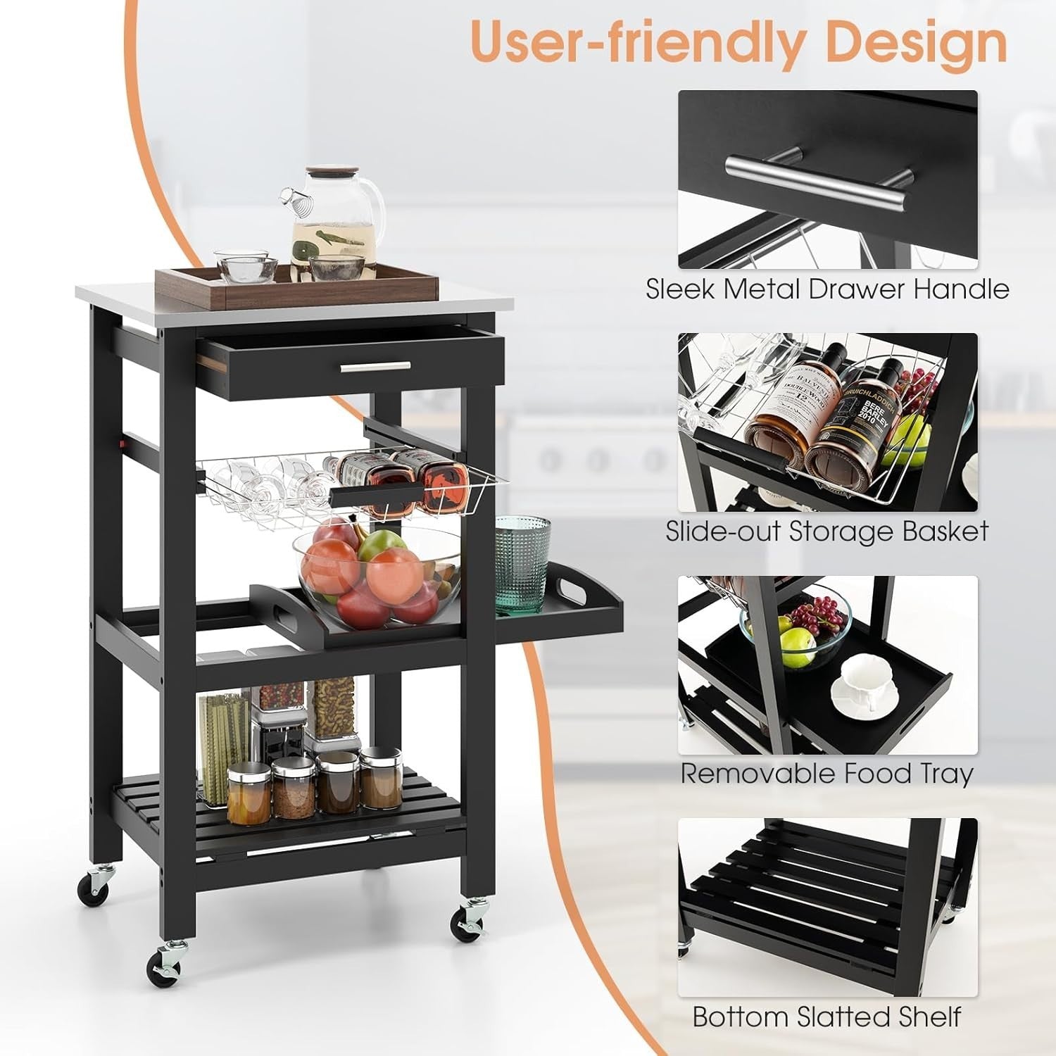 Black Kitchen Trolley on Wheels w/ Stainless Steel Top