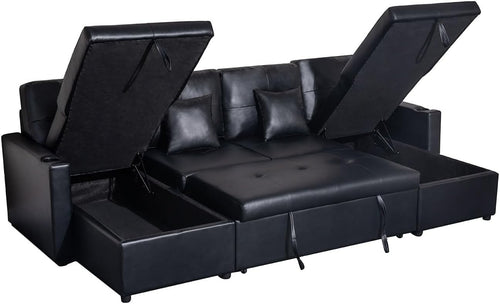 U Shaped Sofa Bed 4 Seater with Storage Pull Out Couch Black Fabric RH