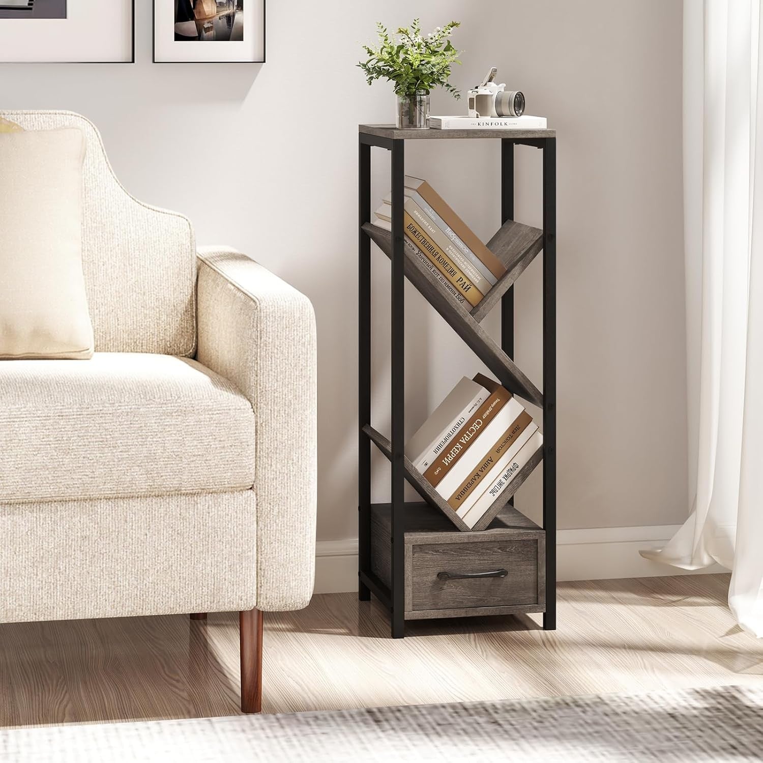 Set of 2 Industrial 4-Tier Tree Bookshelves with Drawers & Display Storage Units