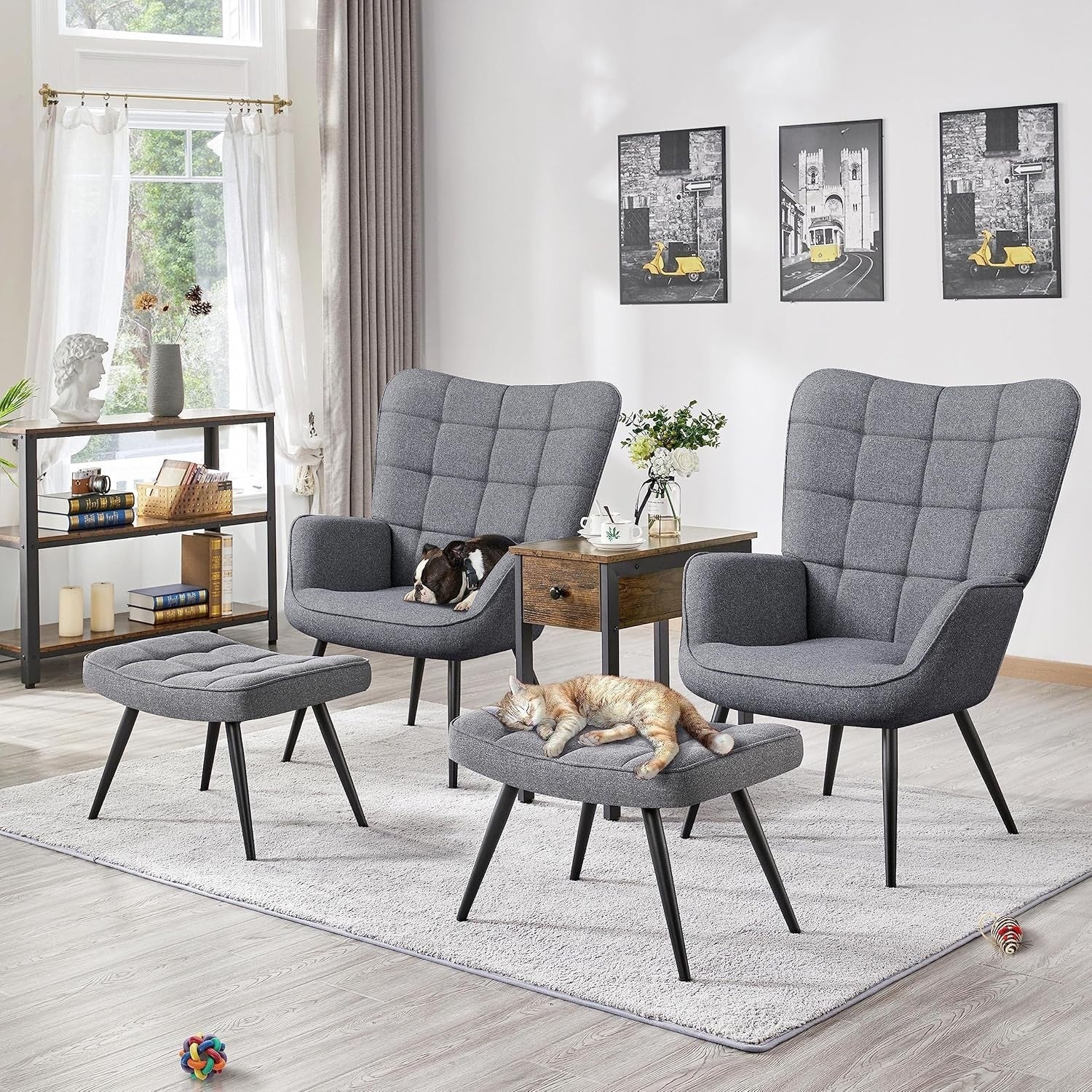 Modern Gray Linen Accent Armchair with Ottoman, High Back & Metal Legs Set