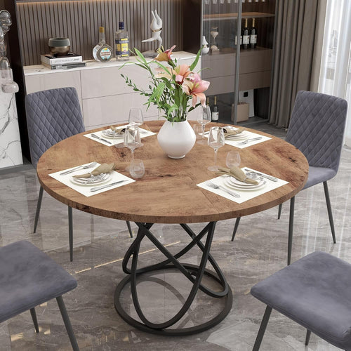 Round Rustic Dining Table 6-8 Seater Wood Metal Base Kitchen 120cm