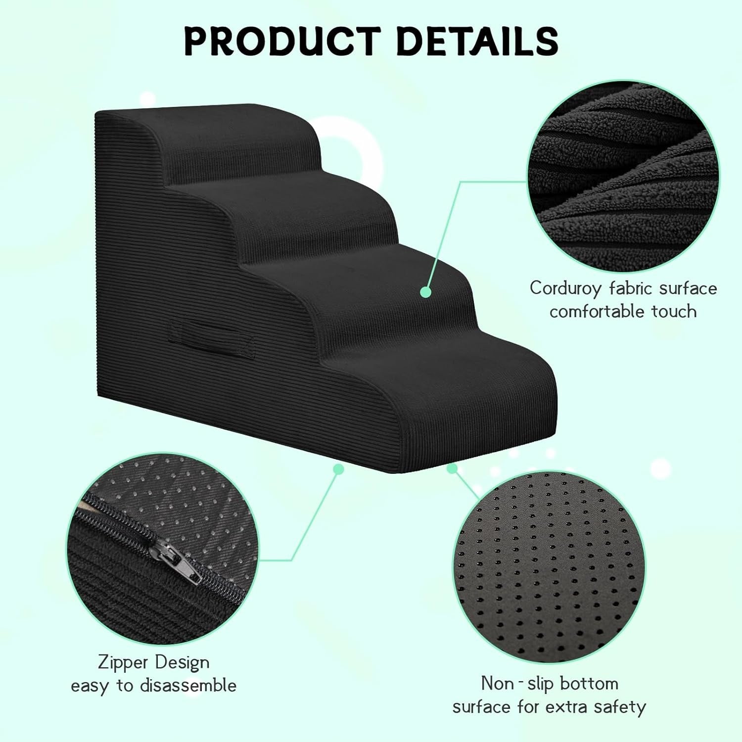 3-Step Non-Slip Dog Stairs for Small Dogs & Cats – Black 35cm H