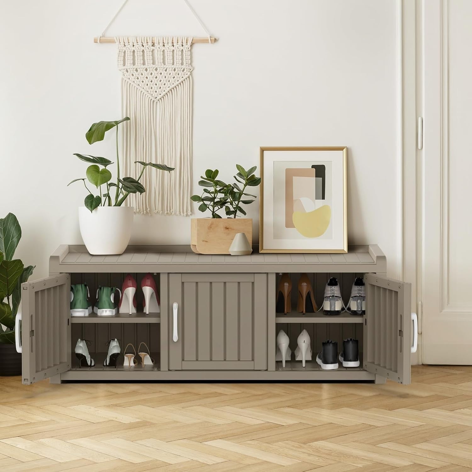 Large 3-Door Waterproof Shoe Cabinet Bench Indoor Outdoor 119x44x45.5cm Coffee