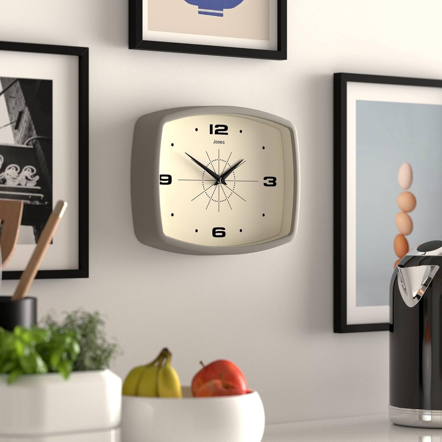 Retro 25cm Wall Clock Rectangle Silent Grey Modern Kitchen Living Room Decor