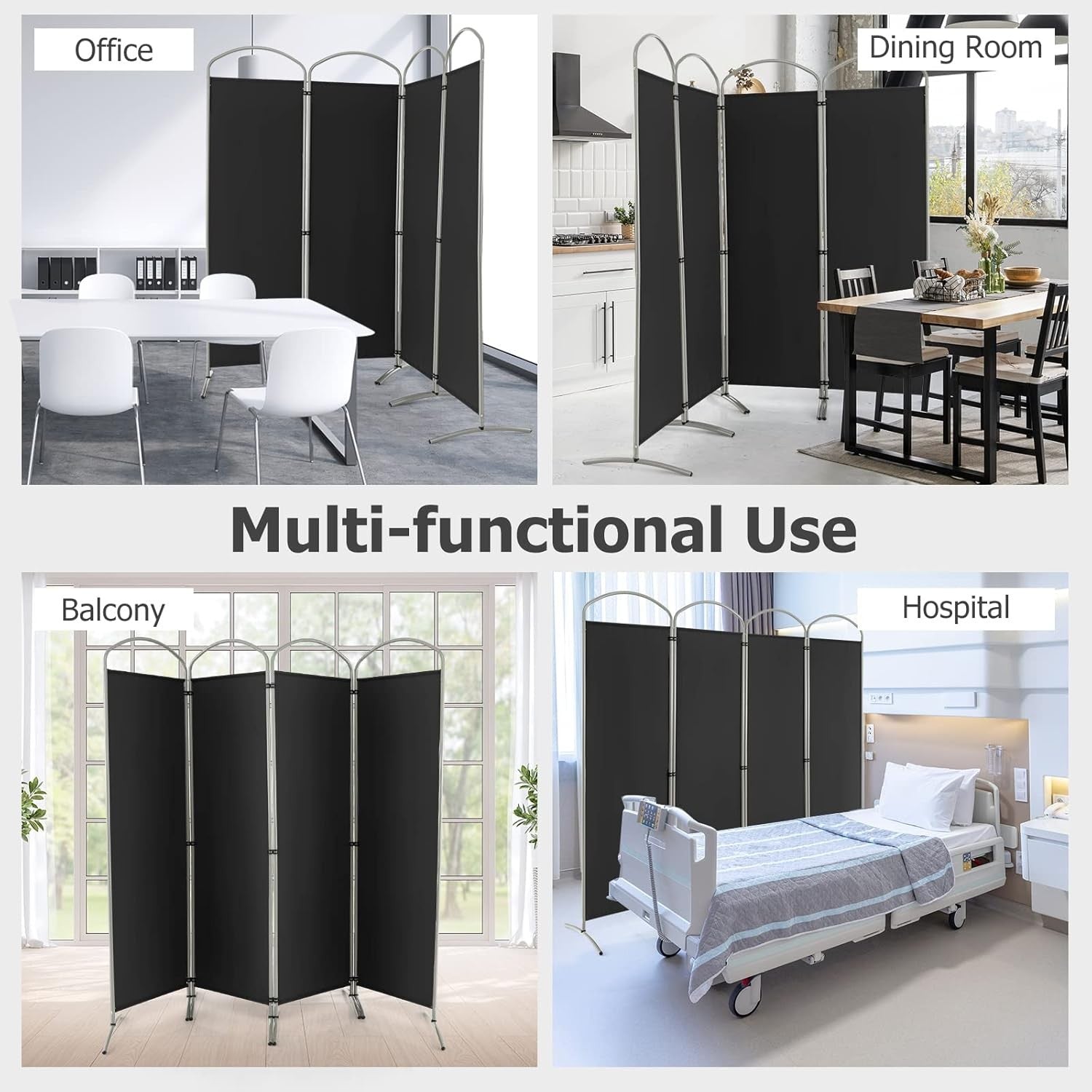 4 Panel Black Folding Room Divider Privacy Screen for Bedroom Office Decor 188cm