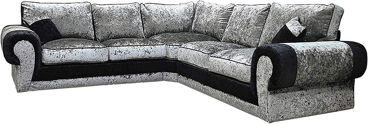 Modern Black Silver Crushed Velvet 5 Seater L-Shape Corner Sofa with Cushions