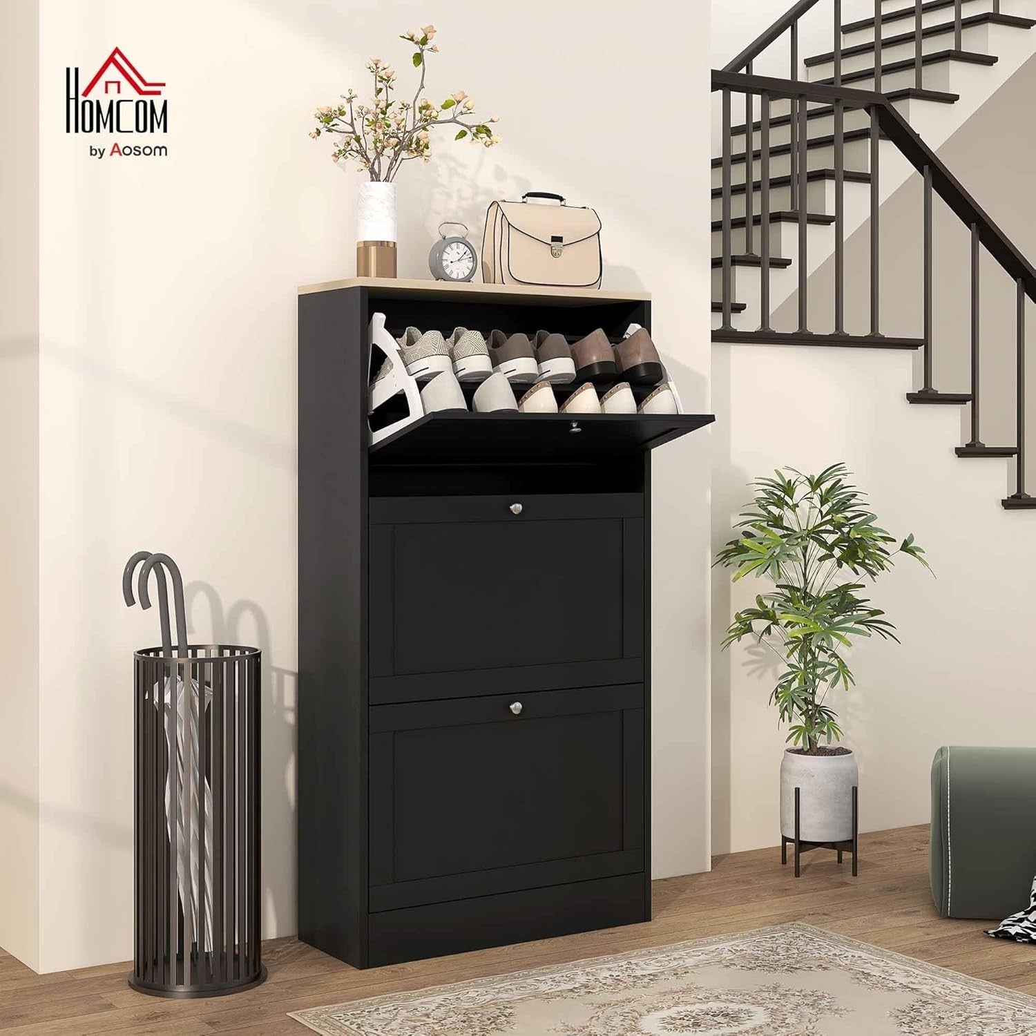 Slim Black Shoe Cabinet 3 Flip Drawers Adjustable Shelves Space Saving Rack