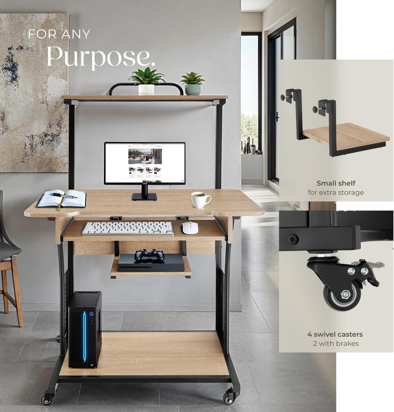 Mobile Computer Desk w/Wheels & Shelves, Compact 4-Tier Home Office Table