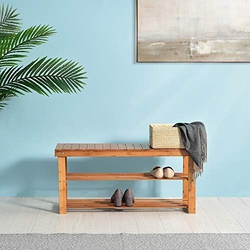 2-Tier Bamboo Shoe Storage Bench with Seat for Entryway Hallway 90cm