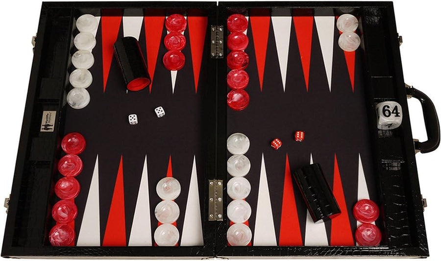 21 Inch Tournament Backgammon Set Black Croco Folding Luxury Board Game