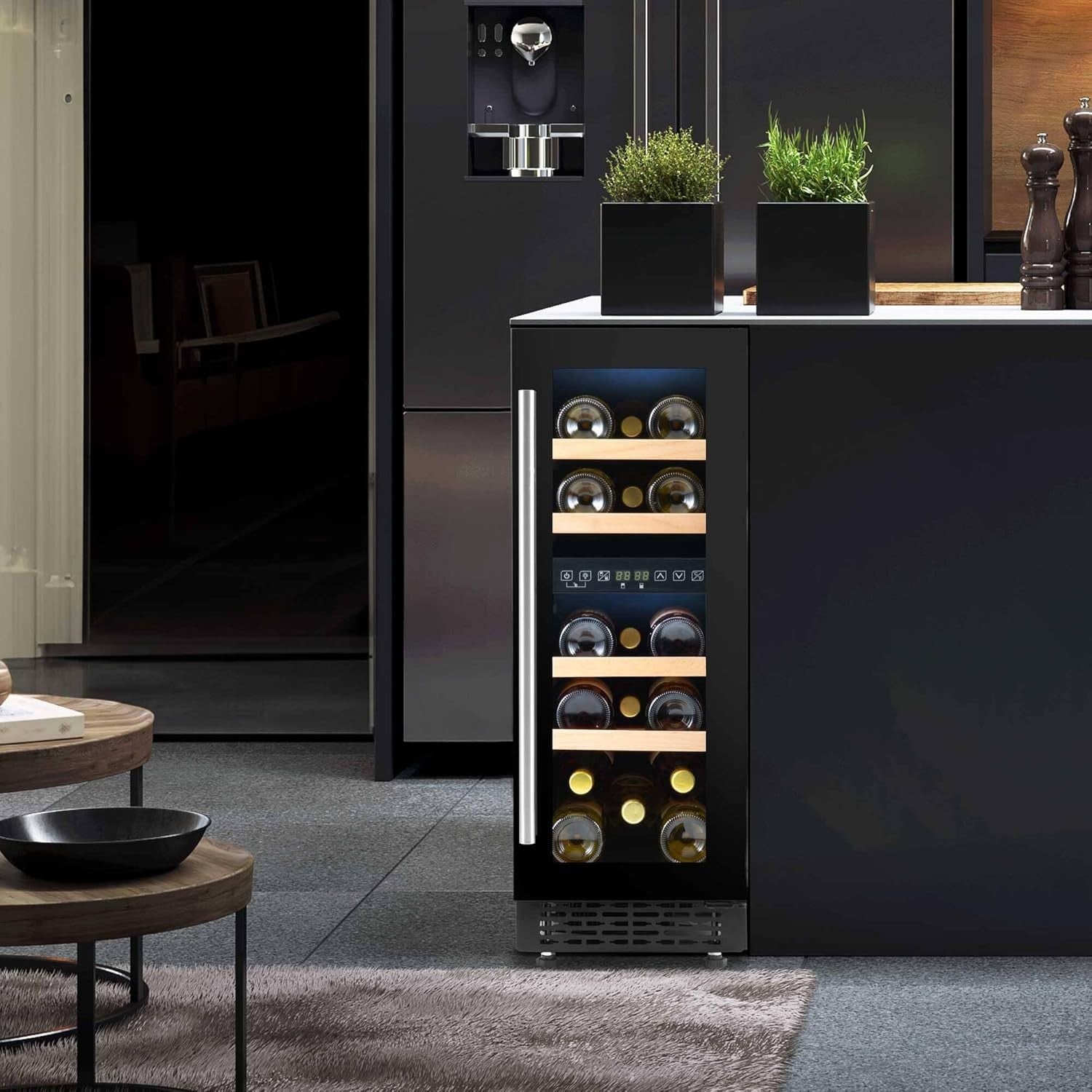 30cm Built In Wine Cooler 17 Bottle Dual Zone Touch Control Glass Door