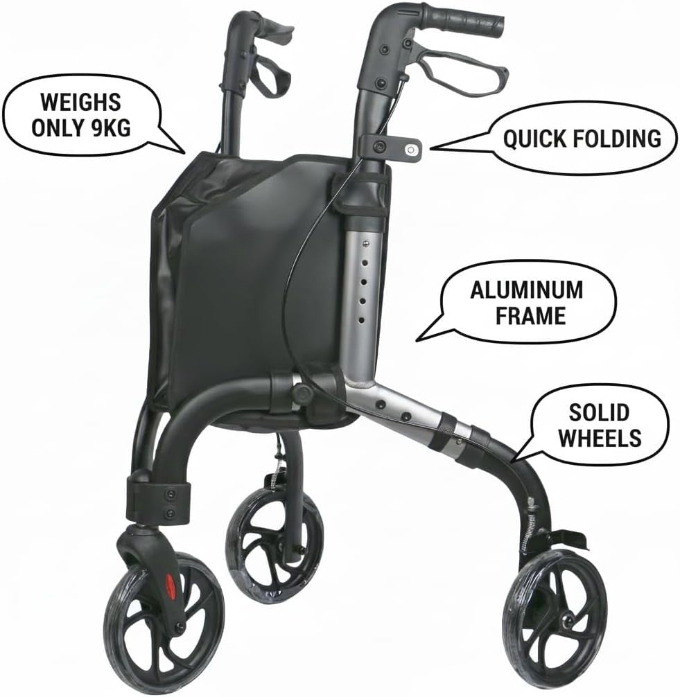 Lightweight 3 Wheel Rollator Walker Folding Mobility Aid with Bag & Brakes