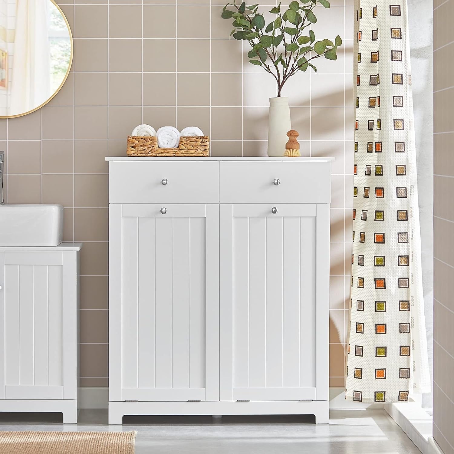 Bathroom Laundry Cabinet Storage Unit with Drawers & Baskets White MDF