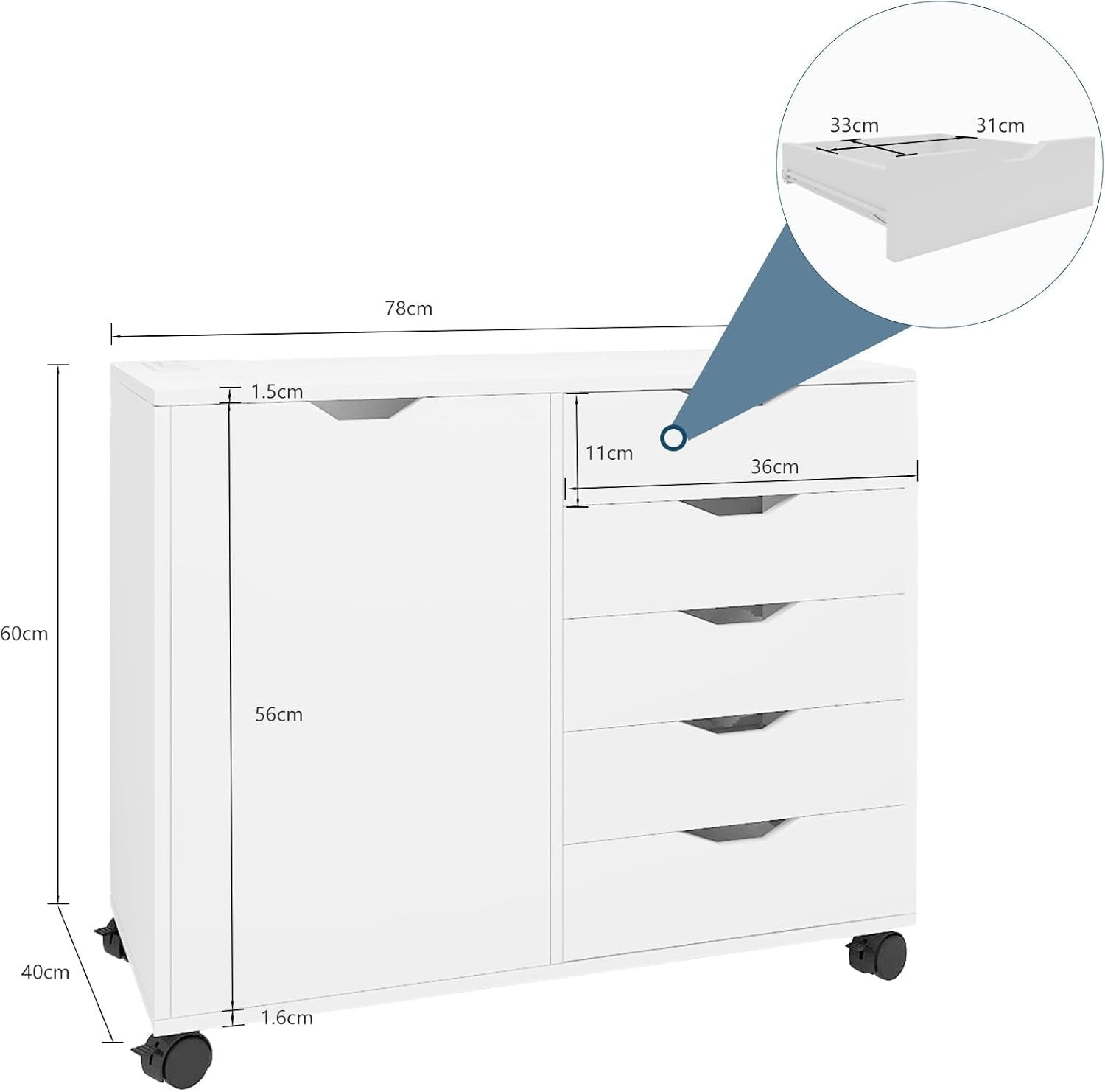 White Mobile 5 Drawer File Cabinet with Door Rolling Printer Stand