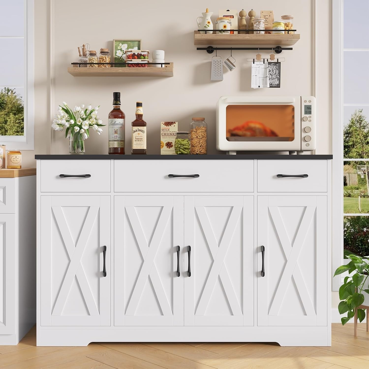 White & Black 140cm Kitchen Sideboard 3 Drawers 4-Door Adjustable Shelf