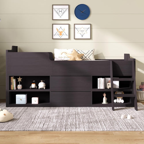 Kids Single Bed with Storage Drawers & Shelves, Space Saving 3FT Frame