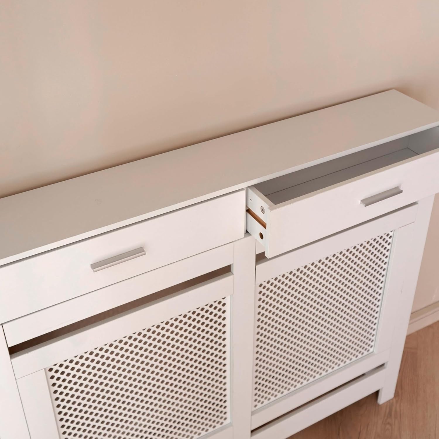 White Radiator Cover with Drawers Diamond Slat W112xH96cm Modern