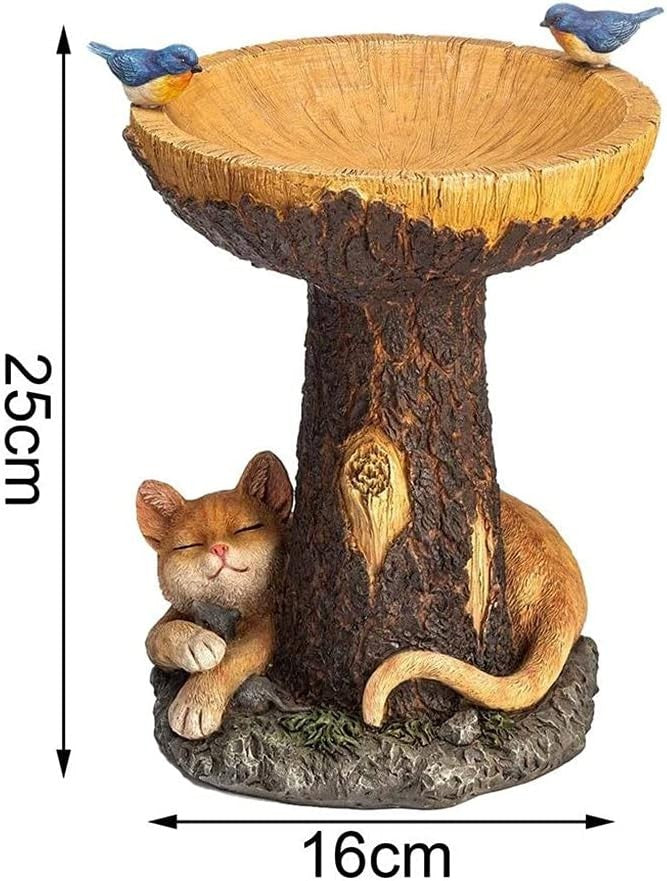 Animal Tree Bird Bath Feeder – Polyresin Cat & Bird Garden Ornament Statue