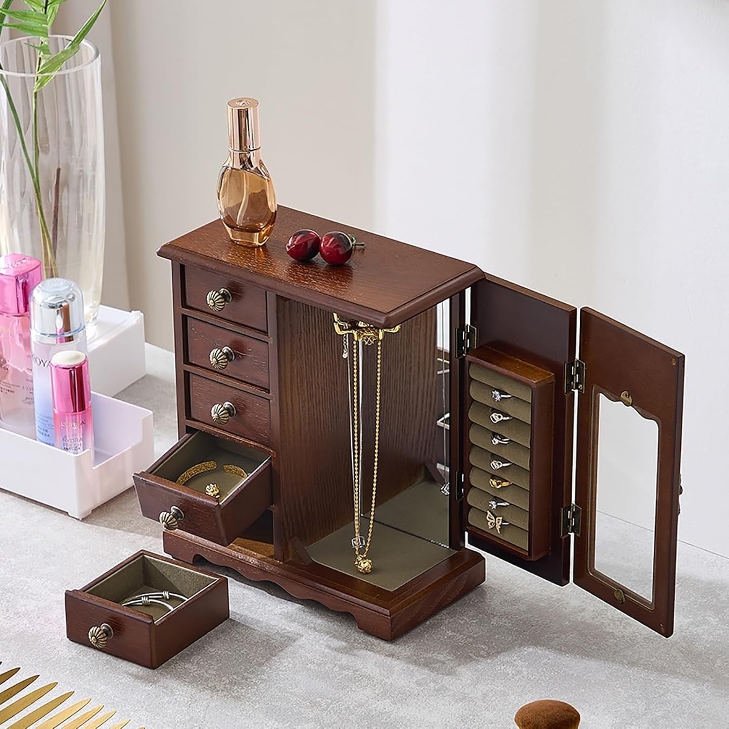 Wooden Jewelry Armoire Organizer 5 Drawers Mirror Storage Box