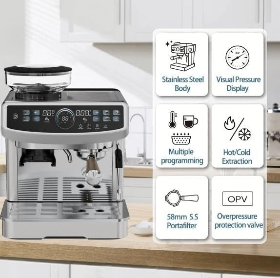 Commercial Espresso Coffee Machine 2.2L Pro Barista Maker with Burr Grinder