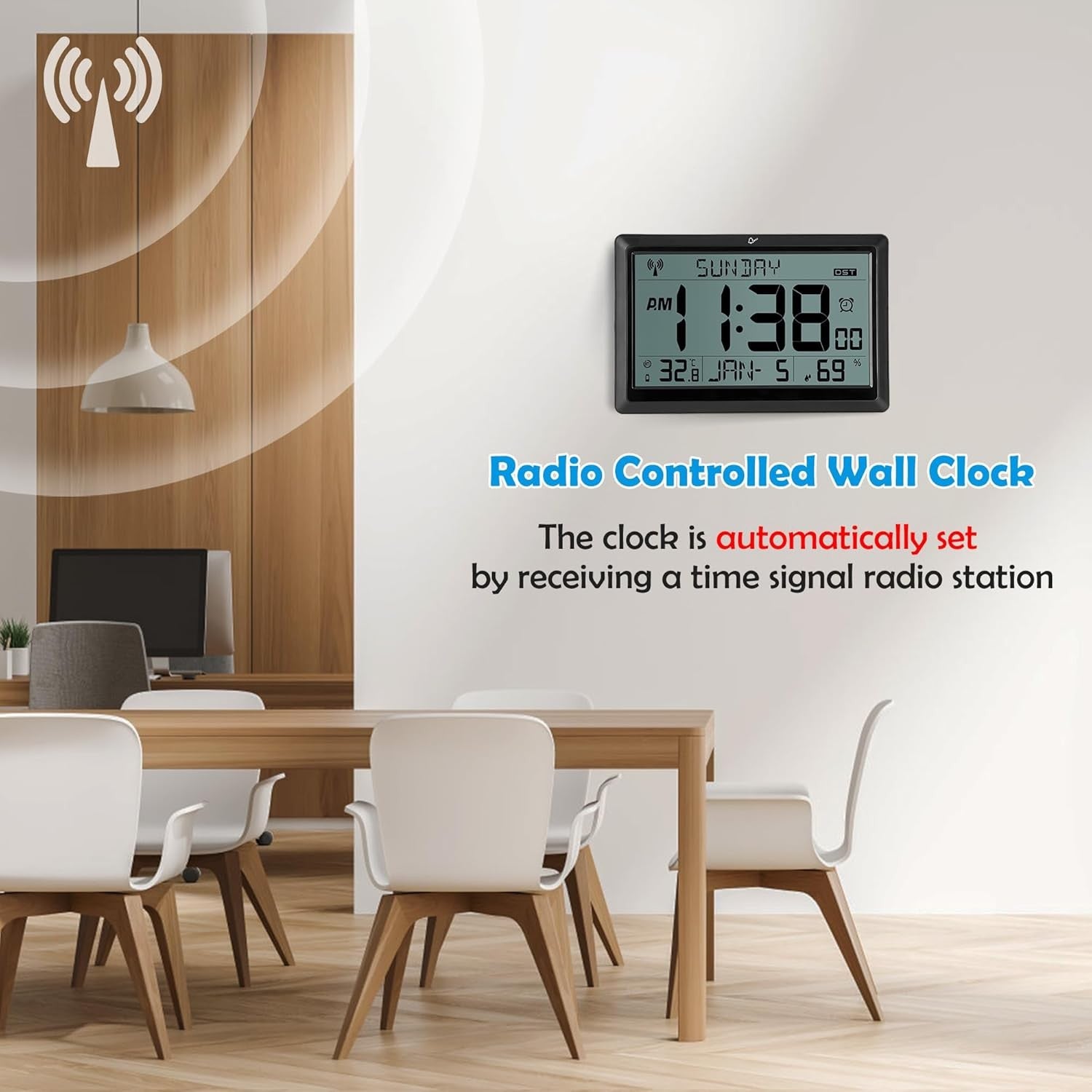 Large Digital Wall Clock Temperature Humidity Date LCD Battery Operated