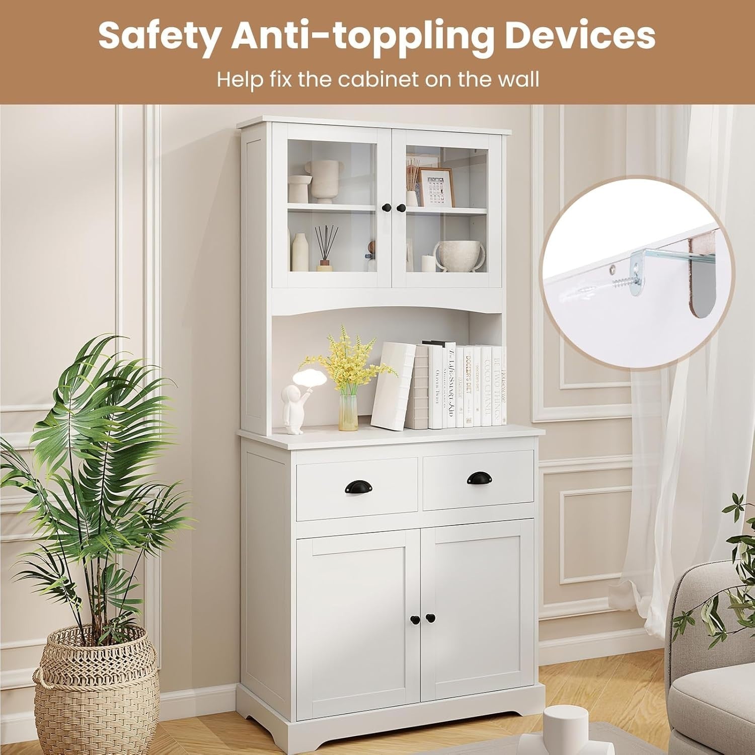 White 170cm Kitchen Cupboard 4-Door Pantry 2 Drawers Adjustable Shelf Cable Hole