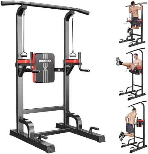 Black Power Tower Dip Station Pull-Up Bar Adjustable Home Gym