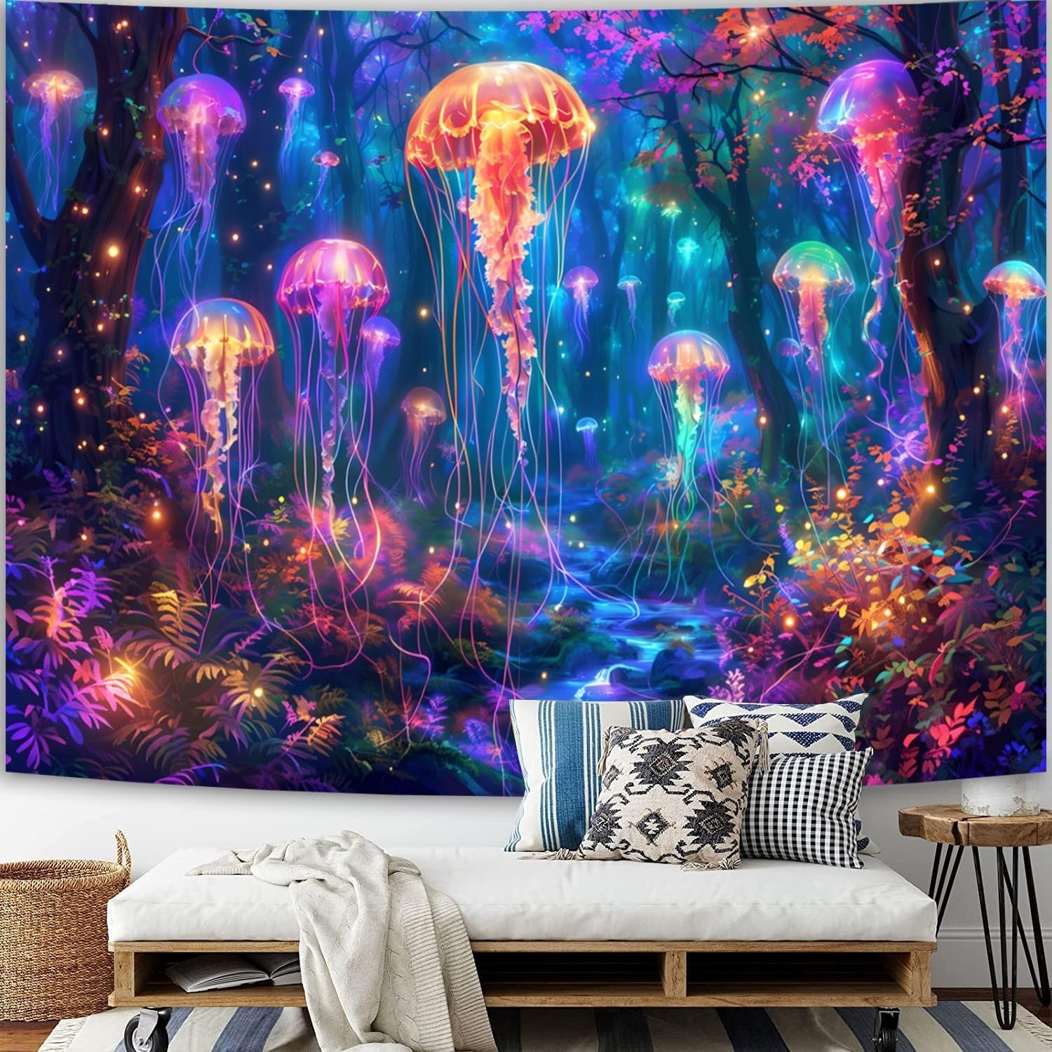 UV Reactive Moon & Star Mandala Tapestry Boho Wall Art Large