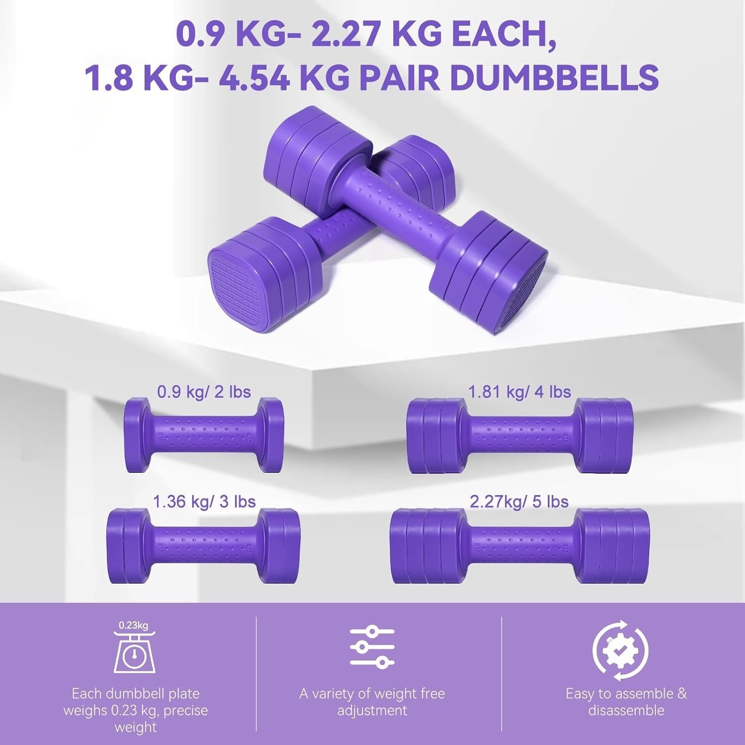 4-in-1 Adjustable Hand Weight Set Non Roll Dumbbells Home Gym Purple