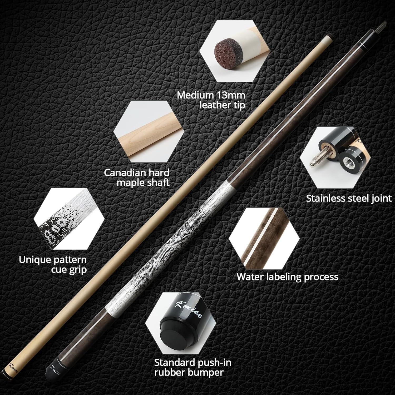 58in Low Deflection Pool Cue Maple Shaft 13mm Tip 3D Grip 18oz