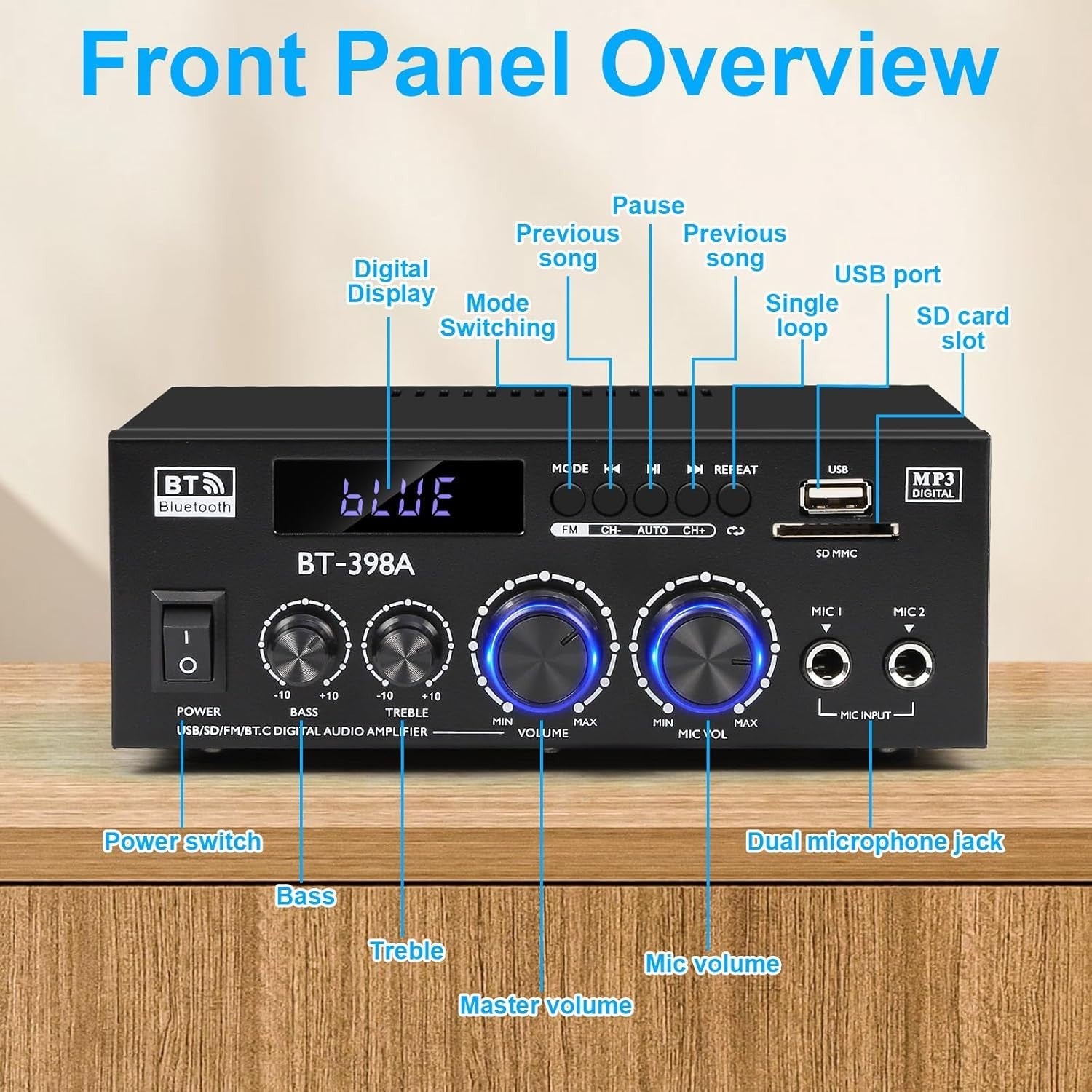 900W Bluetooth Stereo Amplifier 2 Channel Optical Coax FM