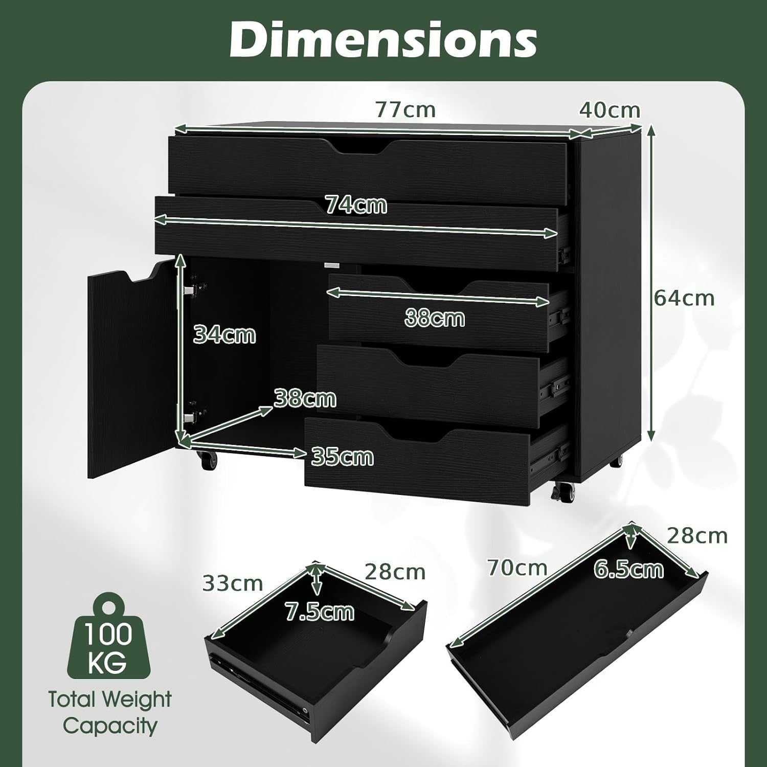 Black Mobile File Cabinet 5 Drawer Side Cupboard Rolling Printer Stand