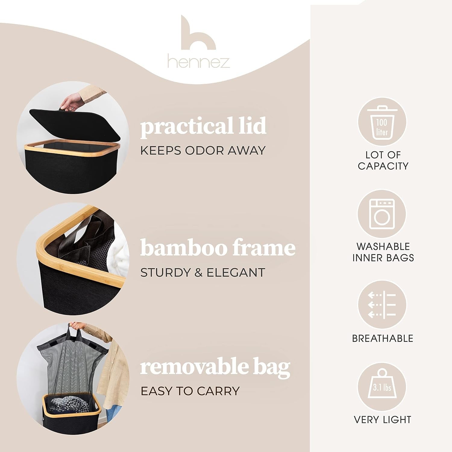 141L Black Laundry Hamper Bamboo With Lid Removable Double Bags Large Basket