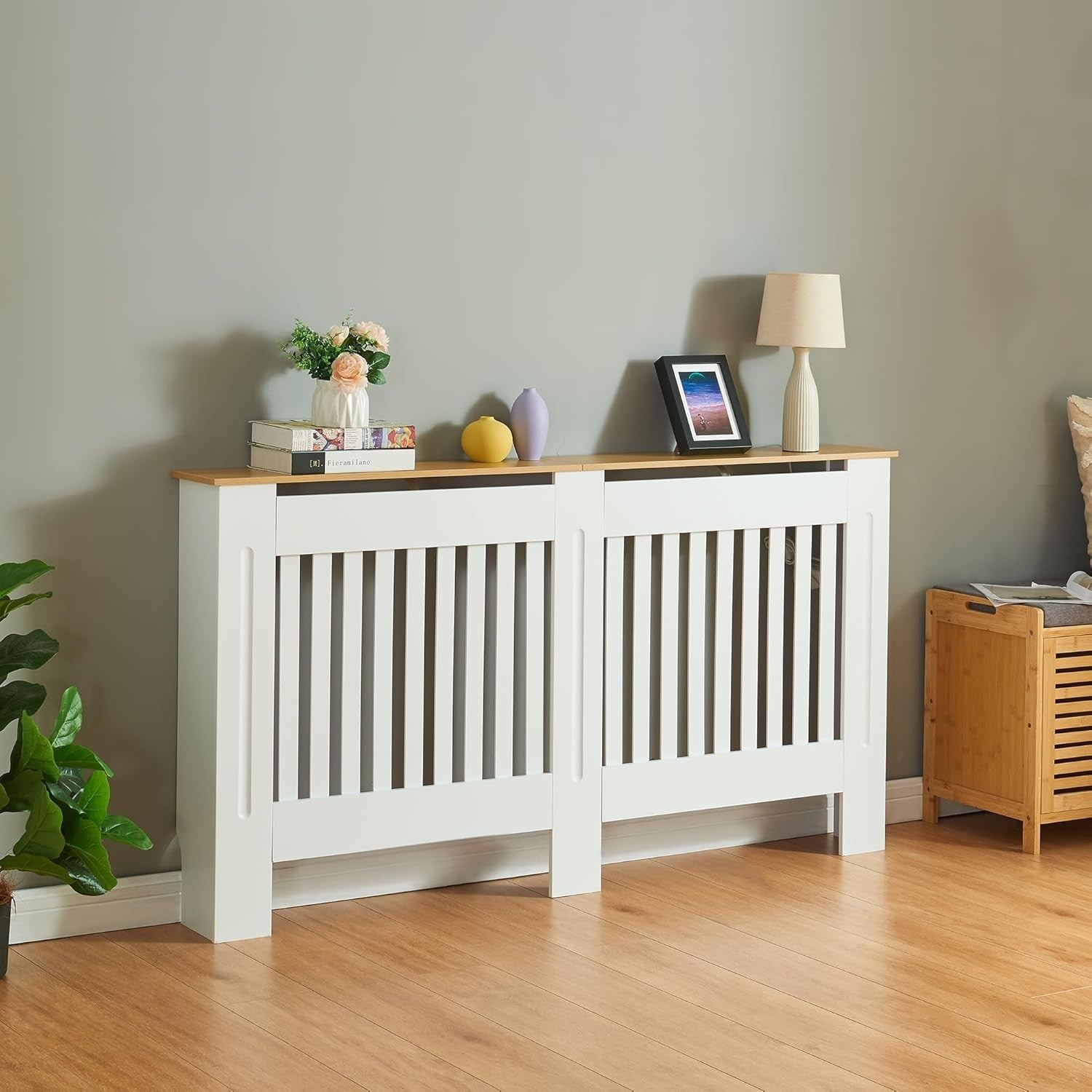 Large White Radiator Cover 152cm Wood Top Modern Slatted Heating Cabinet