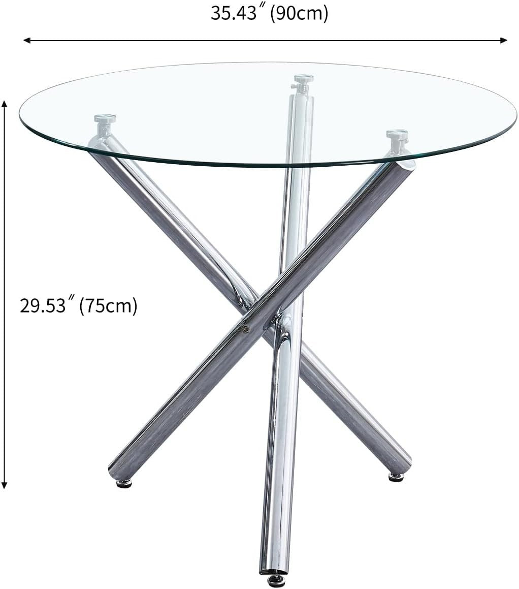 Round Glass Dining Table 90cm Silver 3-Leg Tempered Metal Modern