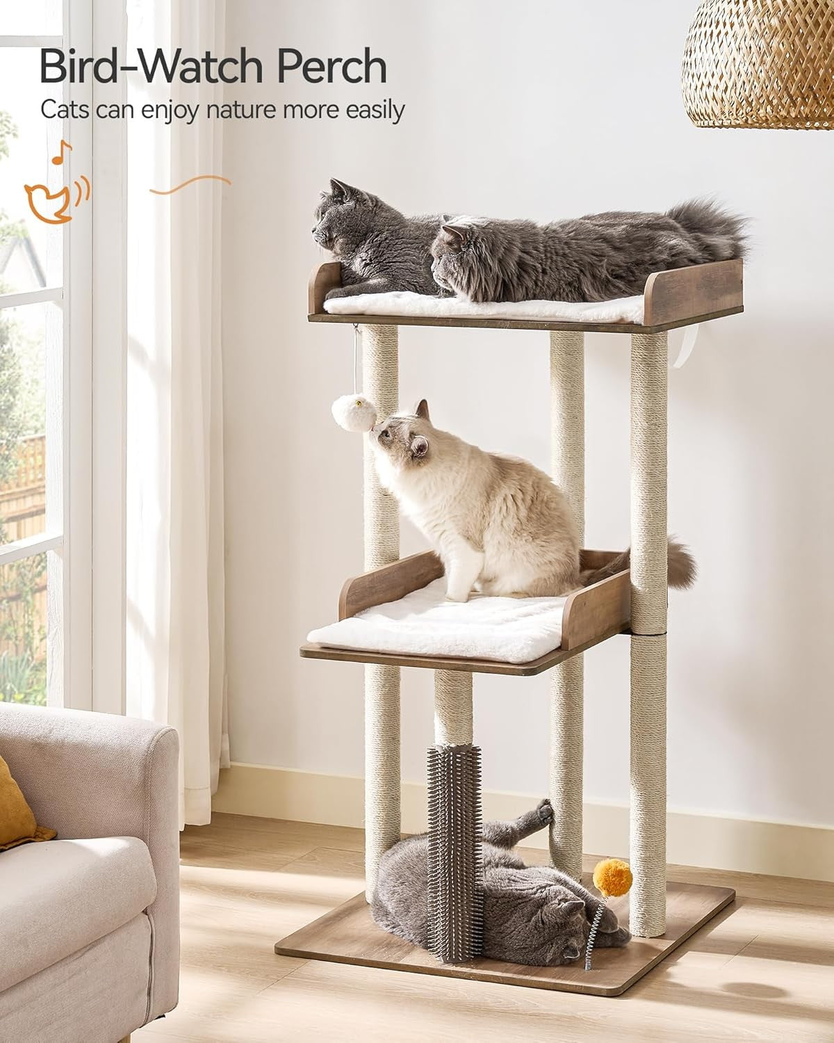Large Wooden Cat Tree Tower Greige 111cm Multi-Level Perches Scratching Post