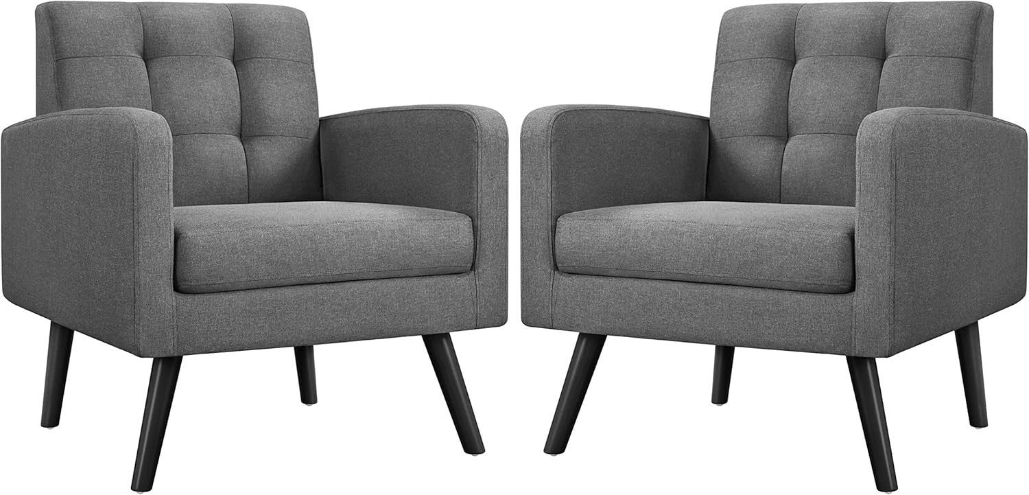 2x Dark Grey Accent Armchairs | Mid Century Tufted Lounge Chairs Set