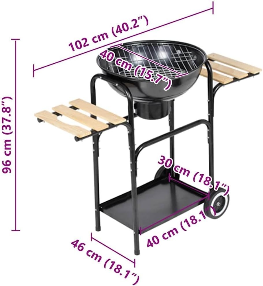 Charcoal Kettle BBQ Grill with Wheels & Side Tables Outdoor Garden Patio Cooking