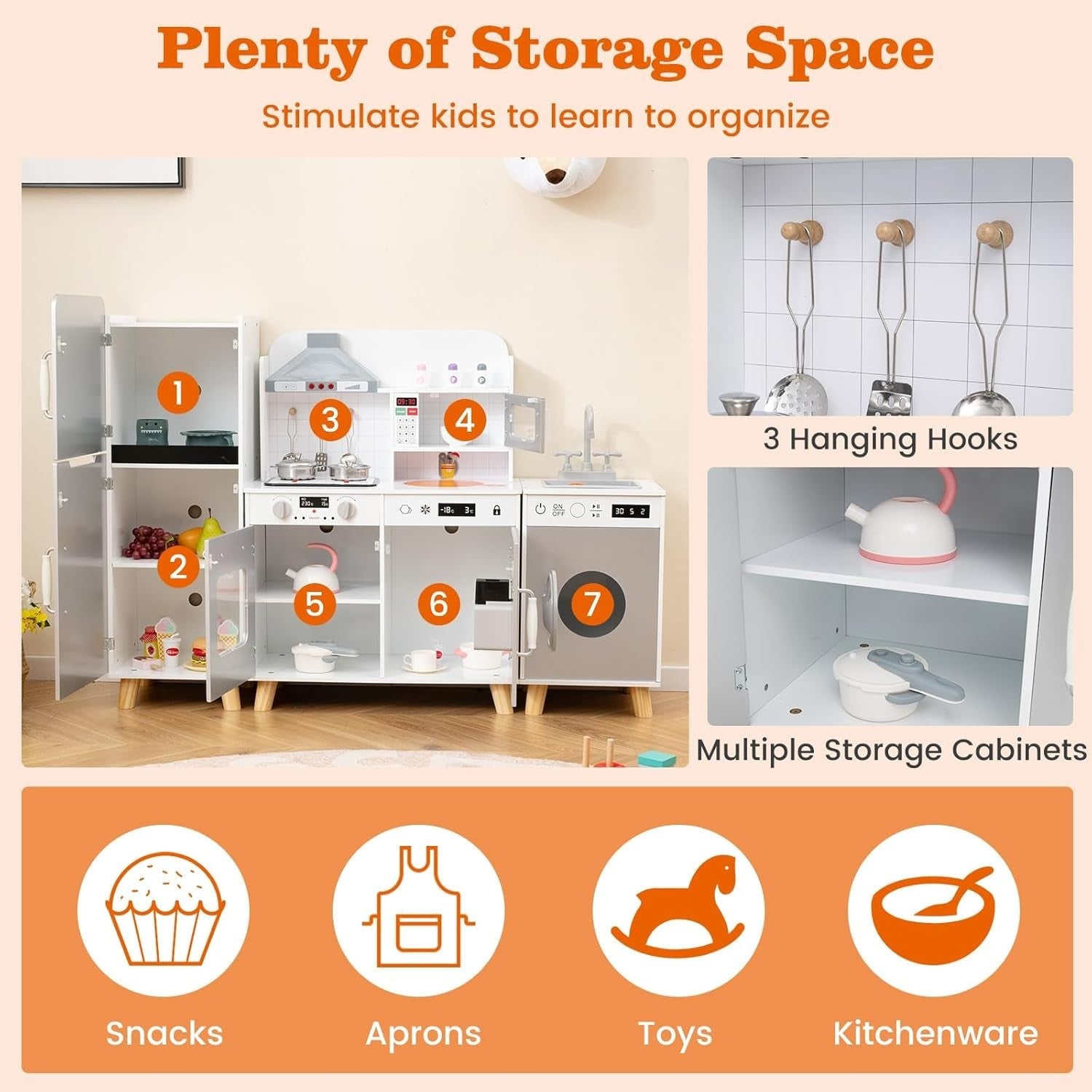 Large Wooden Kids Play Kitchen Set Light Sound Fridge Washer Microwave