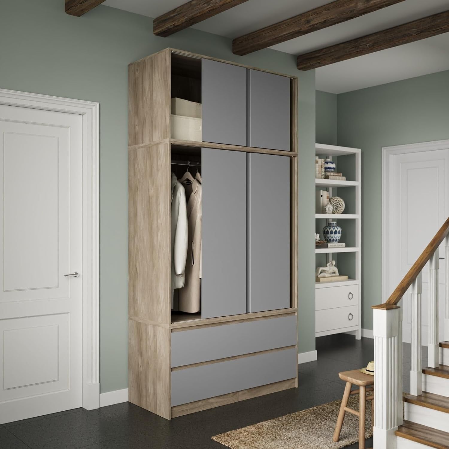 240cm Sliding Wardrobe Grey Doors 6 Door 4 Drawer Closet Storage Unit