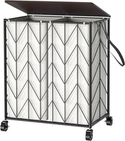 115L Laundry Hamper Beige with Wheels Wood Lid Heavy Duty Basket Removable Bag