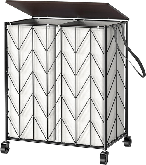 115L Laundry Hamper Beige with Wheels Wood Lid Heavy Duty Basket Removable Bag