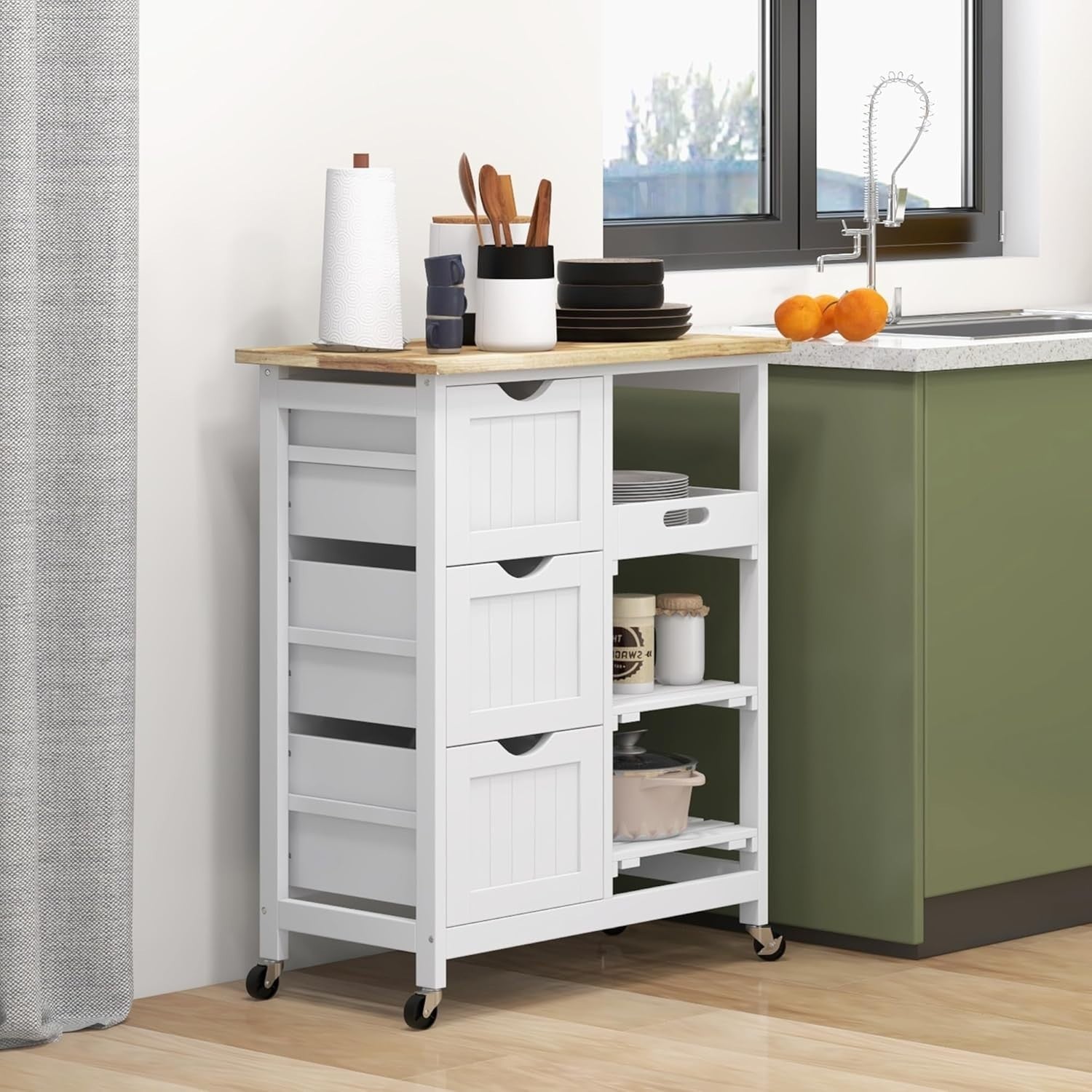 Rolling Kitchen Island Cart with Storage Drawers & Removable Tray, White Trolley
