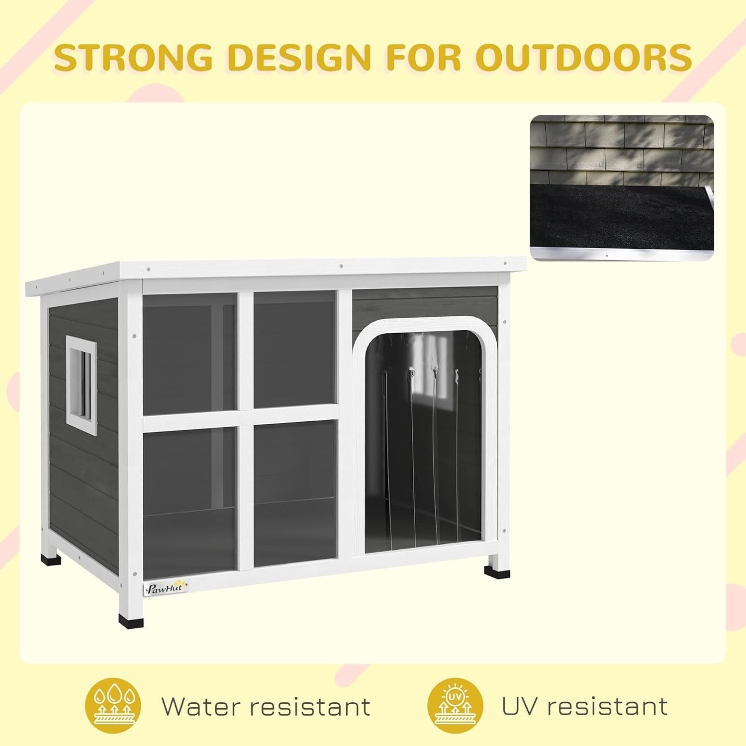 Outdoor Wooden Dog Kennel House w/ Roof, Windows, Curtain | 90x62x71cm