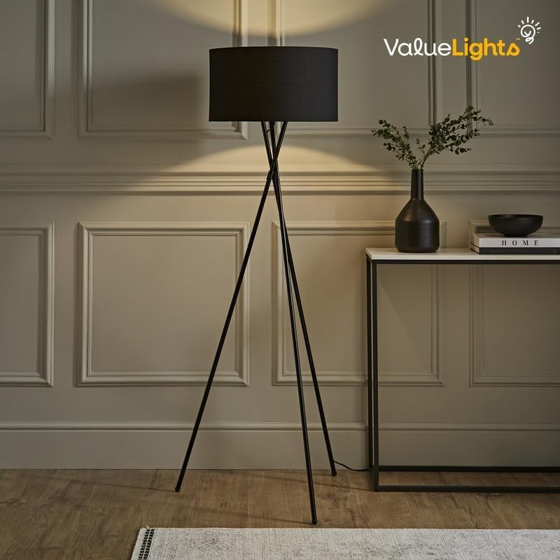 Tripod Floor Lamp Black Metal Stand Dark Grey Fabric Shade LED Bulb