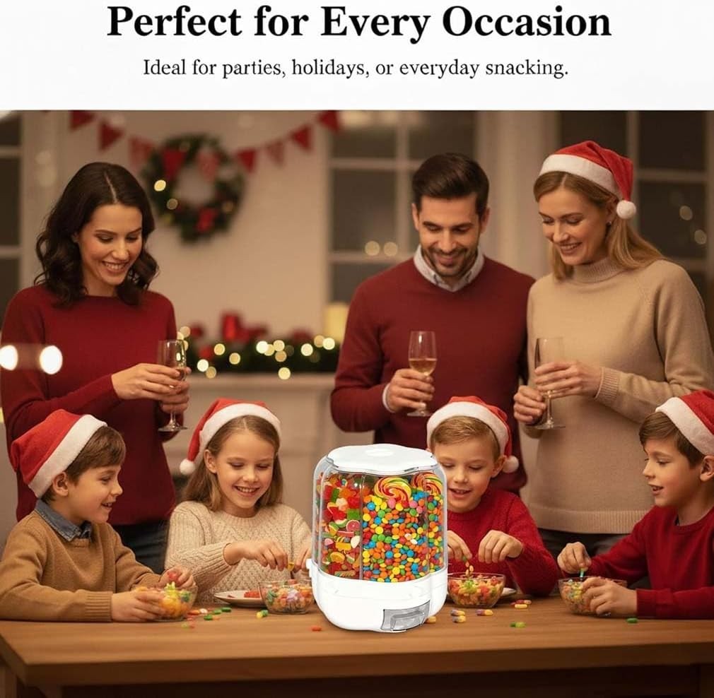 360° Rotating Candy Dispenser 6 Compartment Grain Snack Storage Bin