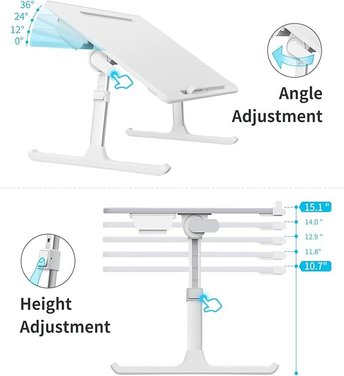 Adjustable Laptop Bed Tray Desk XL with Drawer Book Stand Foldable White