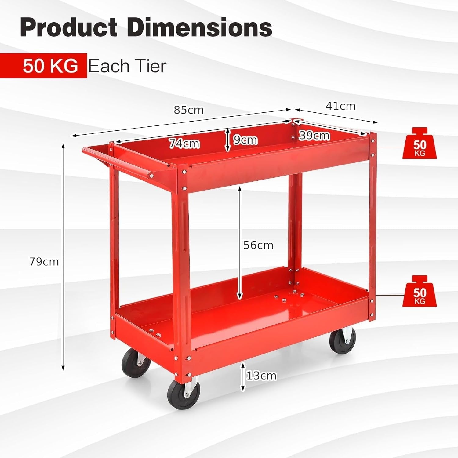 2 Tier Heavy Duty Rolling Utility Trolley Cart with Wheels Red